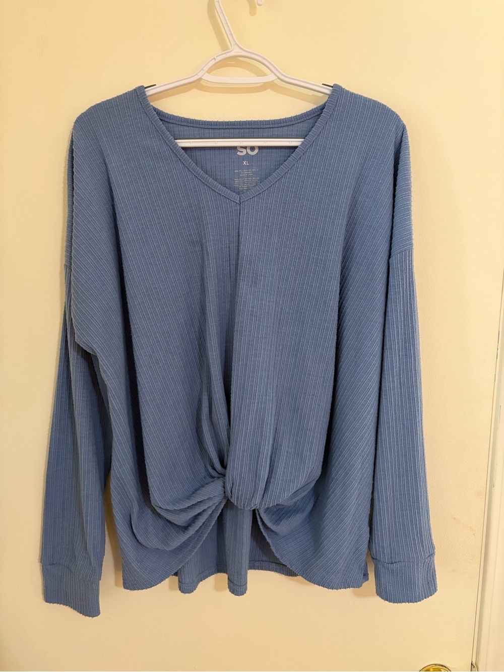 SO Men’s Blue V-Neck Ribbed Knot Front Sweater